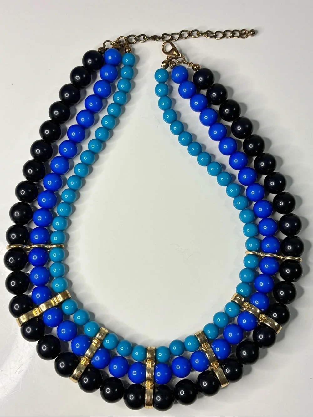 Triple-Strand Blue & Black Beaded Statement Party Necklace with Rhinestones EUC